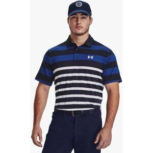 Under Armour Mens Polo 2XL Blue White Playoff 3.0 Golf Shirt Striped Loose Fit